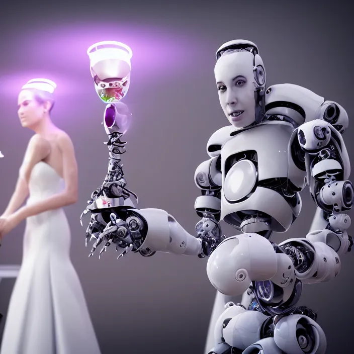 Prompt: a beautiful professional close up centered portrait photograph of a complex robot priest officiating a wedding ceremony. octane render, extremely detailed, cinematic lighting, 8k, cinematic movie photograph, closeup portrait, cgsociety, award-winning art, excellent composition, by Andree Wallins.