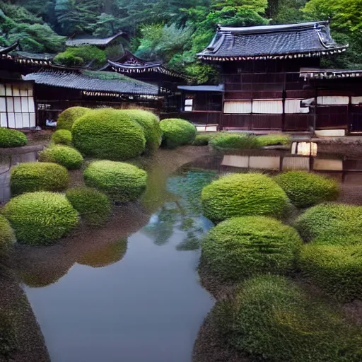 Prompt: still photo of rain puddles and reflections in a japanese village, cloudy weather, highly detailed, photorealistic shot, bright studio setting, studio lighting, crisp quality and light reflections, unreal engine 5 quality render