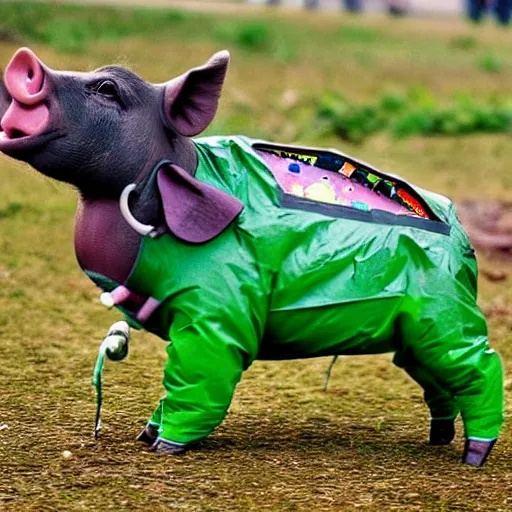 Image similar to photograph of a cute pig walking upright wearing a green dinosaur raincoat