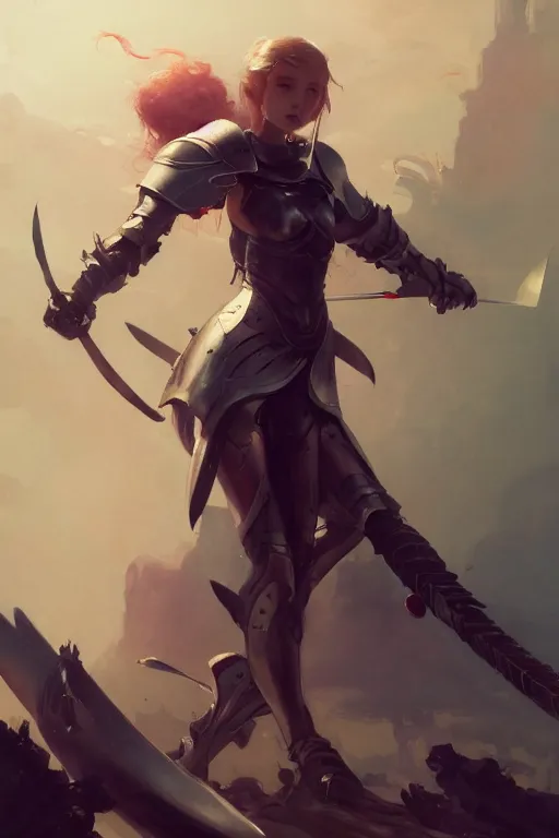 Prompt: girl with armor fighting with ten sword flying around her by hsiao ron cheng, by gaston bussiere, anna nikonova aka newmilky, greg rutkowski, yoji shinkawa, yoshitaka amano, trending on artstation, featured on pixiv, cinematic composition, 8 k