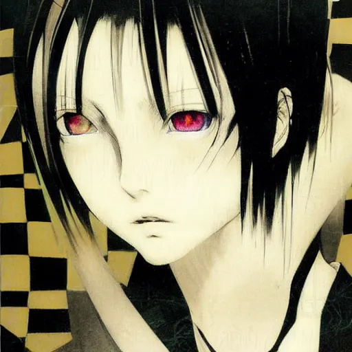 Image similar to Yoshitaka Amano realistic illustration of an anime girl with short white hair and black eyes wearing tuxedo, abstract black and white patterns on the background, noisy film grain effect, highly detailed, Renaissance oil painting