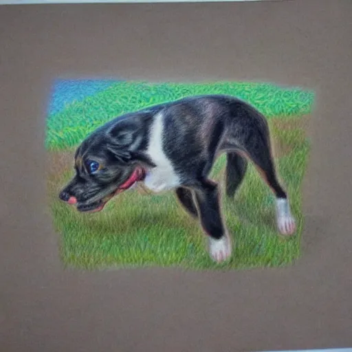 Image similar to Colored pencil art on paper, Dog playing in park, highly detailed, artstation, MasterPiece, Award-Winning, Caran d'Ache Luminance