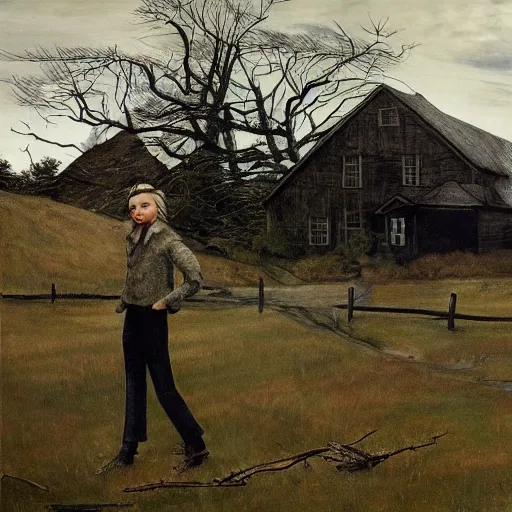 Prompt: Elle Fanning in the world of Andrew Wyeth, stormy weather, extremely detailed masterpiece, oil on canvas, Roger Deakin’s cinematography, by Norman Rockwell,