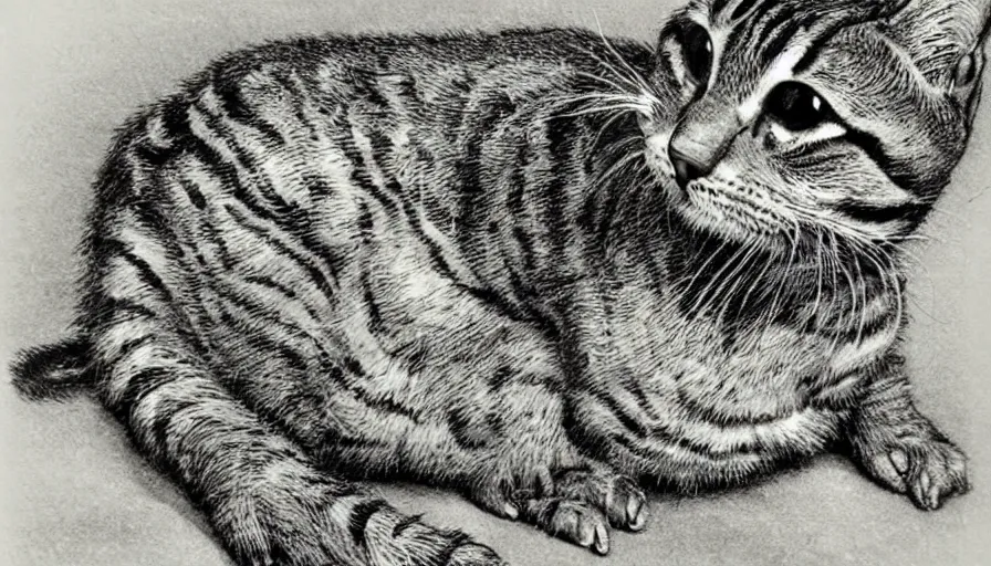 Image similar to bernie wrightson tabby cat morphed with alligator swimming pool sepia tone