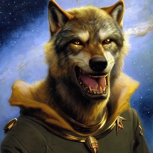 Prompt: a portrait of a wolf dogman canine star trek chief engineer. highly detailed painting by gaston bussiere, craig mullins, j. c. leyendecker, furry