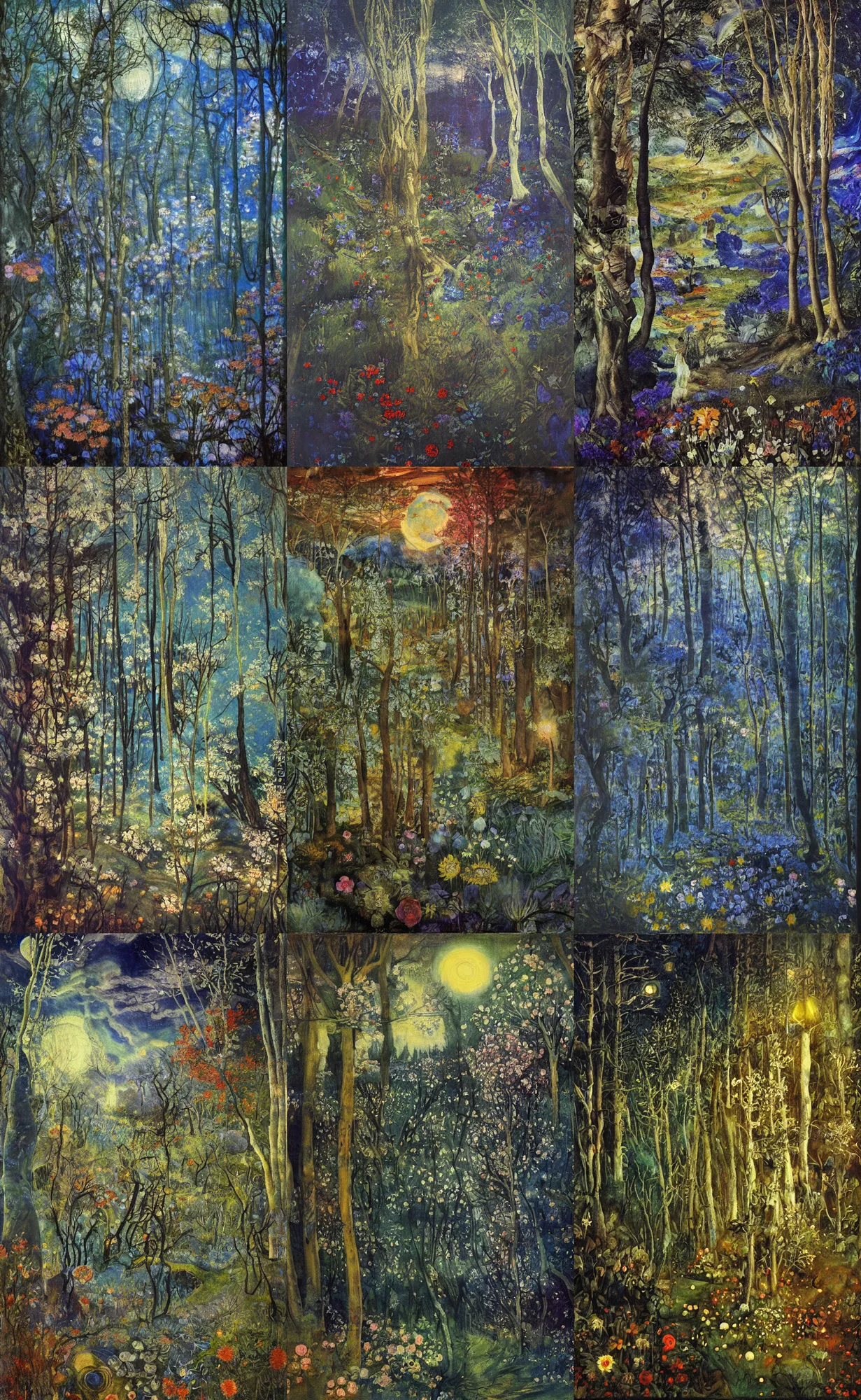 Prompt: painterly dreamy forest with trees, flowers and midnight sky by Mikhail Vrubel, dark fantasy, witcher, oil painting, masterpiece