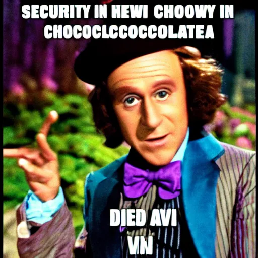 Image similar to security cam footage still of Willy Wonka in his Chocolate Factory