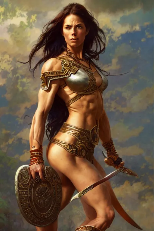 Image similar to full body portrait, thin muscular viking amazon warrior woman, 6 pack ab, symmetrical beautiful face, relaxed pose. by stanley artgerm lau, greg rutkowski, thomas kindkade, alphonse mucha, loish, norman rockwell ross tran