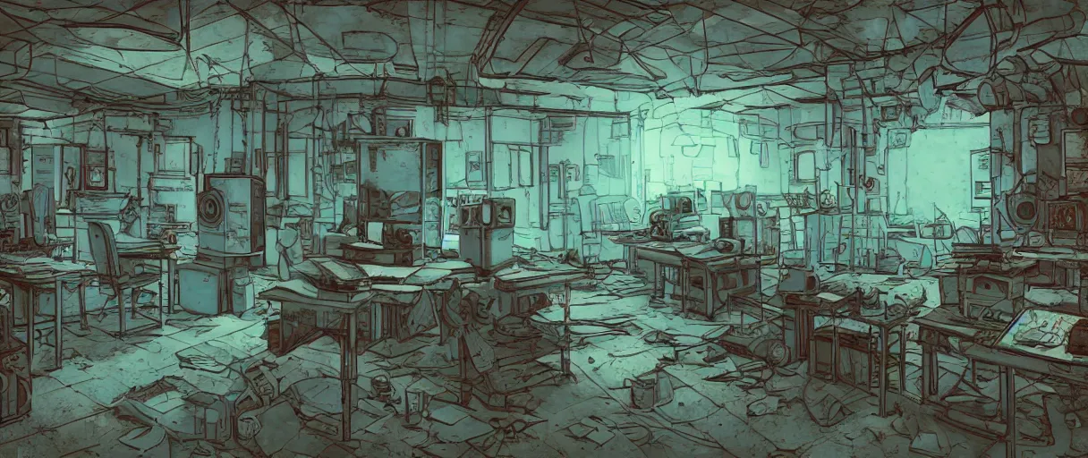 Prompt: abandoned laboroatory from cold war era, room full of cold war era computers, faded out colors place mosquet painting digital illustration hdr stylized digital illustration video game icon global illumination ray tracing advanced technology that looks like it is from borderlands and by feng zhu and loish and laurie greasley, victo ngai, andreas rocha, john harris