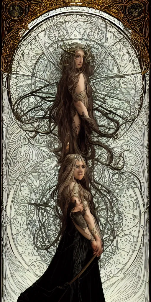 Image similar to 4k HD digital full body portrait of beautiful regal elven king, long white hair, black paper, wheel of sigils behind subject, fox god tarot card, Artstation, Alphonse Mucha, Craig Mullins, Marc Simonetti, art nouveau aesthetic, ornate and intricate details, decorative nouveau image border