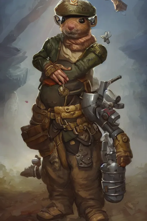 Image similar to cute little anthropomorphic Guinea Pig Tank driver standing next to its tank, tiny, small, short, Tank driver outfit, cute and adorable, pretty, beautiful, DnD character art portrait, matte fantasy painting, DeviantArt Artstation, by Jason Felix by Steve Argyle by Tyler Jacobson by Peter Mohrbacher, cinematic lighting