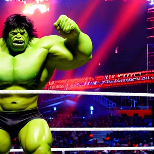 Image similar to photograph of The Incredible Hulk as WWE Champion standing in.a Wrestling ring