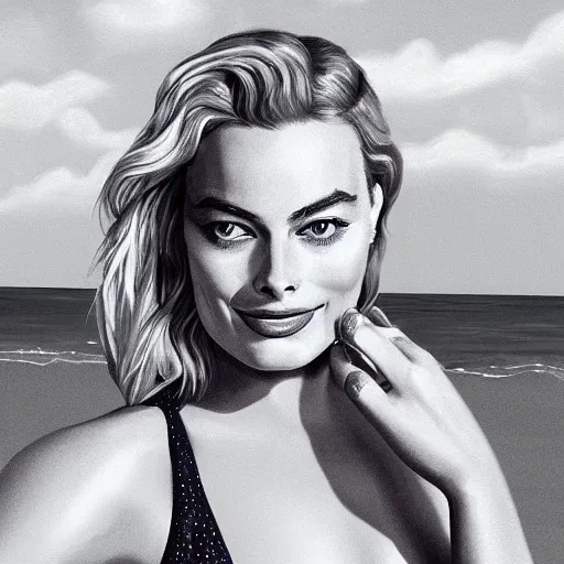 Image similar to a portrait of margot robbie holding a coctail on the beach, beautiful face, highly detailed, digital art