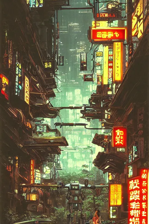 Image similar to cinematic 3 5 mm photo of ancient overgrown cyberpunk tokyo with robot by syd mead, night, rain, flowers, beautifully lit, hyperdetailed, unreal engine, photorealistic