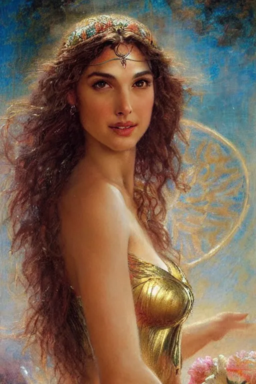 Image similar to high detail portrait of gal gadot as the goddess aphrodite. art by gaston bussiere.