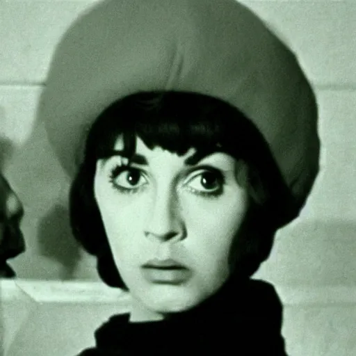 Prompt: still from a masterpiece 1 9 6 0 s french art film, beautiful girl in beret with large eyebrows in the background sits with an angry expression, moody lighting