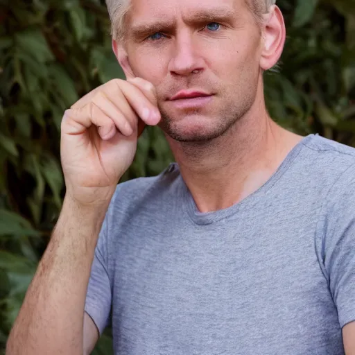 Image similar to full face color photograph of a 40 year old very handsome white man with short, curly, light blond hair and very small slanted blue eyes, dressed in a white t shirt, gray shorts and black socks, with a small mole to the right of his very thin lips, with a straight nose and blond stubble on his oval face, and an earring in the left ear. He resembles a lion.