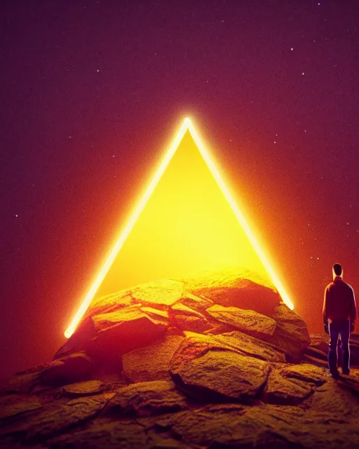 Prompt: a man standing in the middle of a mountain with a glowy triangle, a render by filip hodas, behance contest winner, environmental art, rendered in cinema 4 d, volumetric lighting