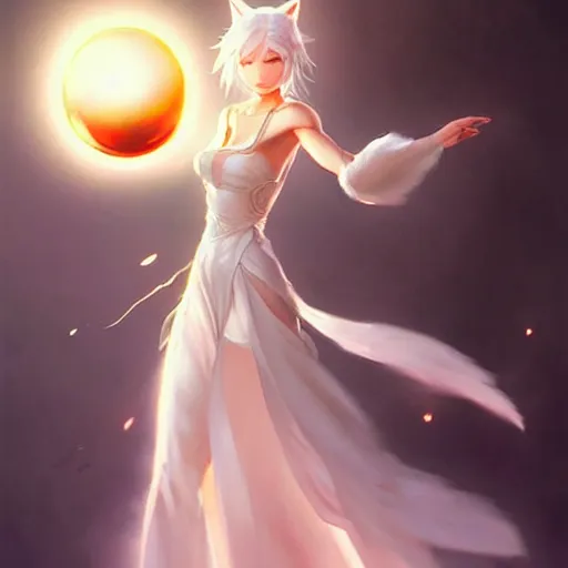 Image similar to a woman in a white dress holding a glowing ball | with nine white fox tails | a detailed painting by ross tran!!!!!!!!!!!!!!! | wlop and stanley artgerm lau | featured on deviantart | fantasy art | anime | 2 d game art | official art