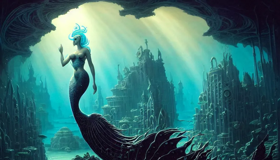 Image similar to a graceful mermaid looking at the sunken city of Atlantis deep under water, stunning undersea intricate detailed grand architecture in the style of Joe Fenton, art style by Greg Rutkowski and Mohrbacher, deep underwater scene, dark and moody, rays of sunlight, faint volumetric god rays, grim crushing atmosphere, trending on artstation, masterpiece, claustrophobic, 8k octane beautifully detailed render, post-processing, extremely hyperdetailed, intricate, epic composition, grim yet sparkling atmosphere, cinematic lighting + masterpiece, trending on artstation, very detailed