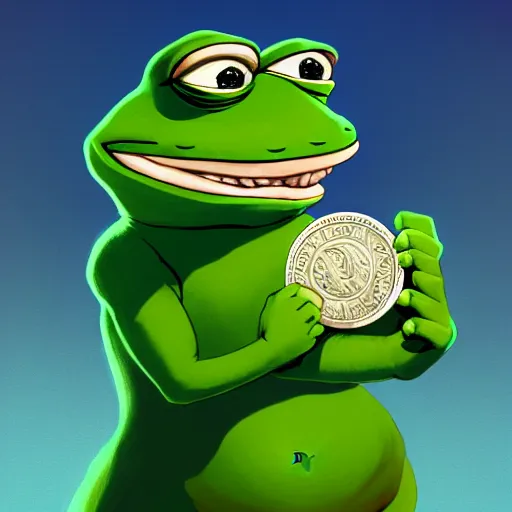 Image similar to super rich happy pepe, luxury, treasury, coins, money, hyper detalied, blue crystals, greg rutkowski, artstation