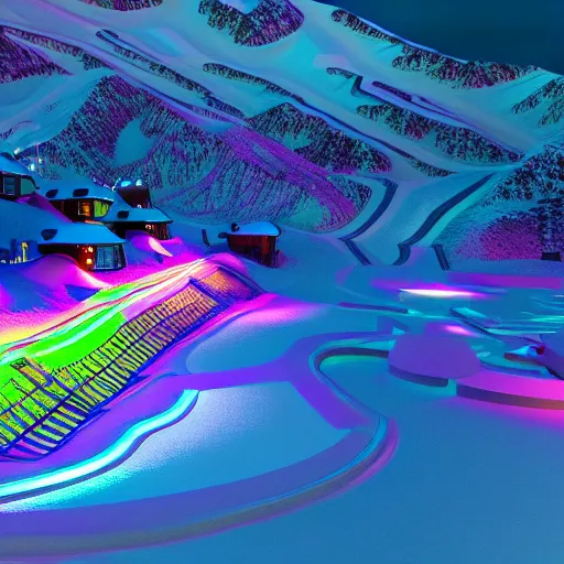 Prompt: : psychedelic ski resort, hyper - realistic, detailed, render by c 4 d octane, unreal engine, 8 k 3 d render