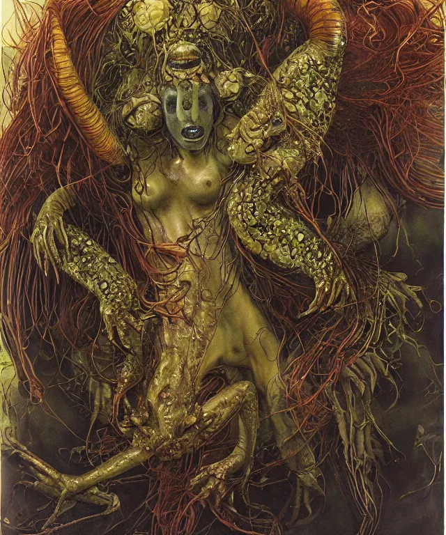 Prompt: a portrait photograph of a fierce sadie sink as an alien harpy queen with slimy amphibian skin. she is trying on evil bulbous slimy organic membrane fetish fashion and transforming into a fiery succubus amphibian black scorpion. by donato giancola, walton ford, ernst haeckel, brian froud, hr giger. 8 k, cgsociety