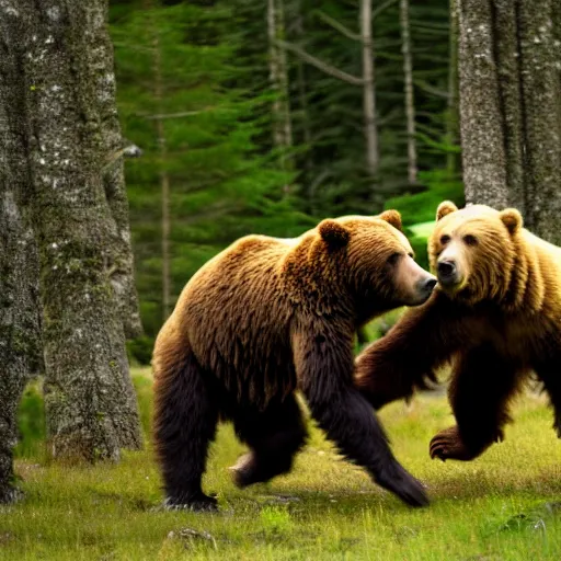 Image similar to kodiak bears kung - fu fighting in a forest clearing, twilight,