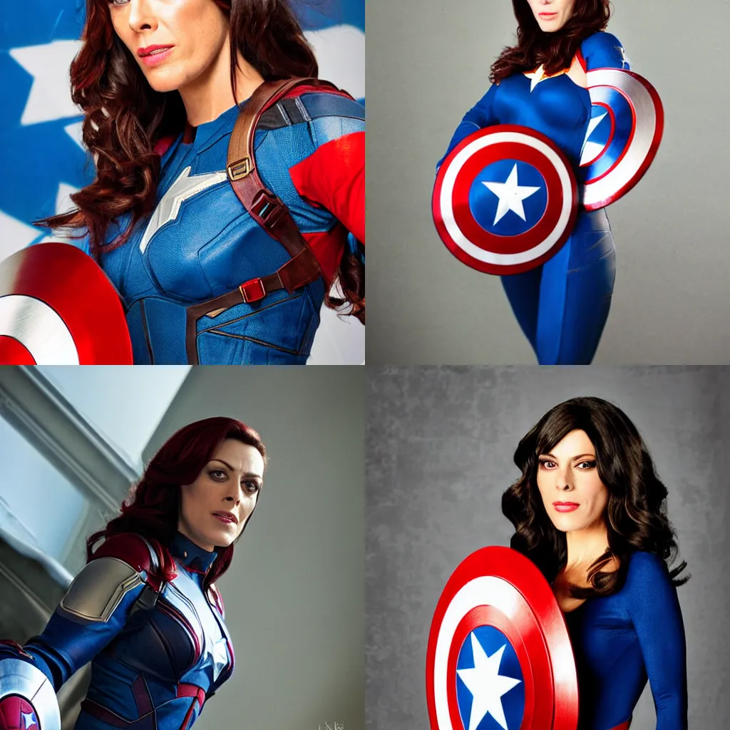 Prompt: Monica Belluci as Captain America, highly detailed, DLSR photograph