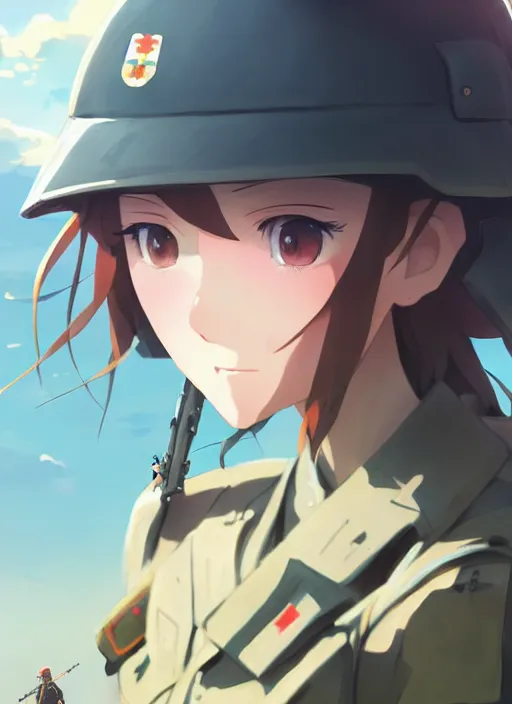 Image similar to portrait of cute soldier girl, cloudy sky background lush landscape illustration concept art anime key visual trending pixiv fanbox by wlop and greg rutkowski and makoto shinkai and studio ghibli and kyoto animation soldier clothing military gear