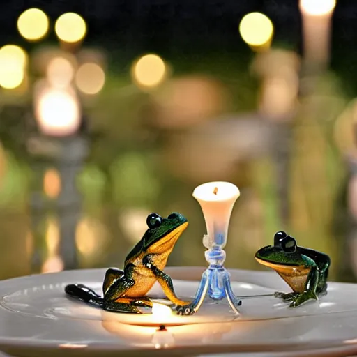 Image similar to intricate romantic candle light dinner of two frogs