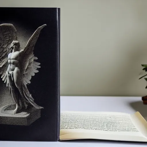 Prompt: a medium shot of a closed hard cover book sitting on a crowed desk, the book is closed, its cover illustrated with a picture of icarus, beside the book is an ancient scroll, dark, single light, vignette, magic, fantasy, 4 k