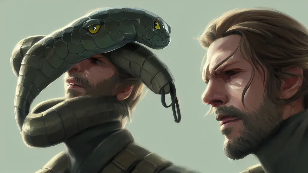 Image similar to portrait, snake from metal gear, studio ghibli, pixar and disney animation, sharp, rendered in unreal engine 5, highly detailed, digital painting, artstation, concept art, smooth, sharp focus, illustration, wide angle, artbook, wallpaper, splash art, promo art, dramatic lighting, art by artgerm and greg rutkowski and bo chen and jin xiaodi