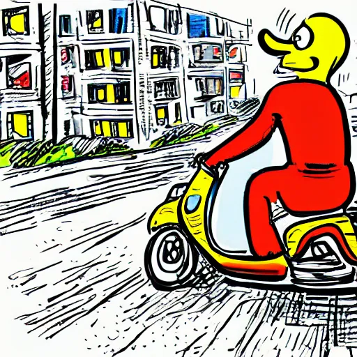 Image similar to drawn cartoon of a delivery driver on moped delivering packages on a long windy city street, bright color, bubbly, digital cartoon syle image, no blur, white background