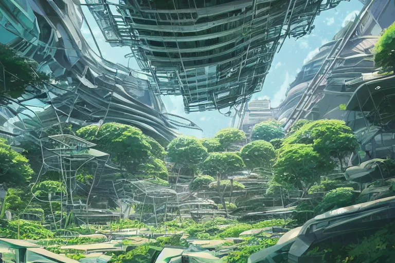 Prompt: A futuristic colony under construction in the amazonian jungle, hanging veins, peaceful landscape, solarpunk, wide perspective, no humans, soft lighting, anime film still, by Makoto Shinkai and studio ghibli, cell shading, high details