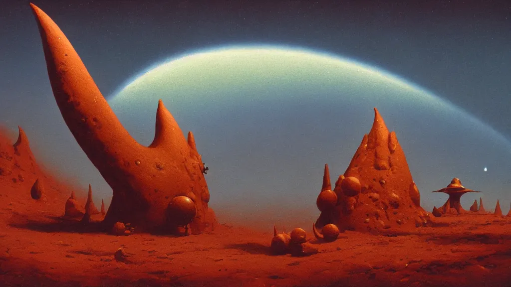 Image similar to mysterious whimsical sculpture of an alien crescent moon by paul lehr and john schoenherr, cinematic matte painting