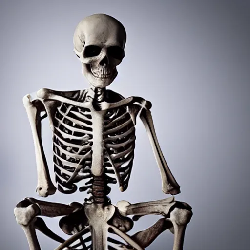 Prompt: a photo of skeleton sitting and waiting for a doctor