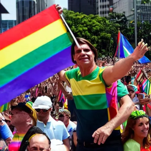 Image similar to photograph of president jair bolsonaro waving a rainbow flag at a pride parade