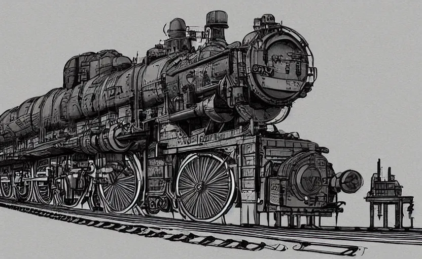 Prompt: concept art of huge steampunk dieselpunk massive train