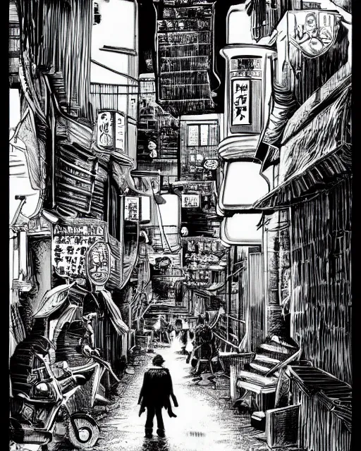 Prompt: highly detailed ink illustration of a dark alley of taipei, b & w clean shaped illustration by kim jung gi, ric estrada, ron english and eiichiro oda