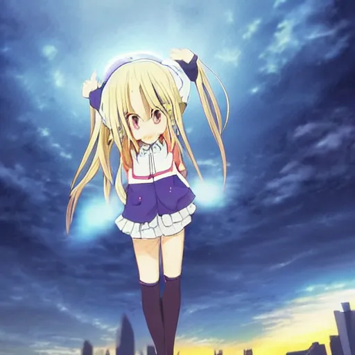 Prompt: 8K Pixiv image is an Anime Key Visual of a cute Pinterest loli with blond hair and cute pigtails, she was wearing a blue coat with a hood and black shorts when jumping from the tallest building of a modern city full of lights from Unsplash. She does a superhero pose against a cinematic scene of an HDR sunset with astonishing but faint orange light in Studio Ghibli style. Amazing piece Trending on Artstation and DeviantArt.