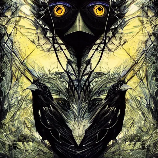 Image similar to a simple crow painting by Android Jones and M. C. Escher collaboration, futurist, digital art, dramatic lighting