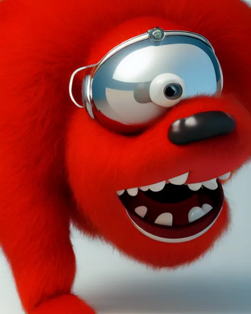 Image similar to 3 d render of completely red hairy friendly antropomorphic creature wearing chrome shades, without nose, smiling, full body, standing on 2 feet, in the style of pixar, white background, unreal engine 5, octane render, highly detailed hdr