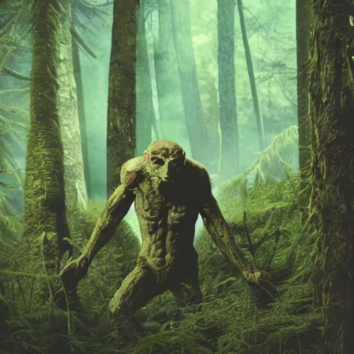 Prompt: a humanoid monster emerging from a forest
