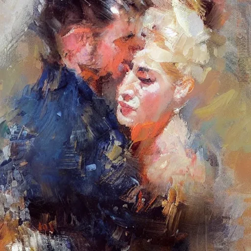 Prompt: spontaneous palette knife romantic portrait, beautiful juicy brush strokes, by Richard schmid and Sargent, trending on cgsociety, expressionism, unfinished painting, linen canvas