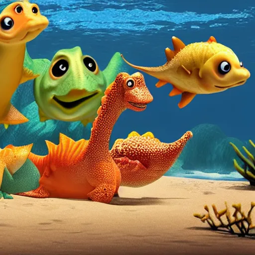 Prompt: aquatic baby fish dinosaurs rendered by pixar