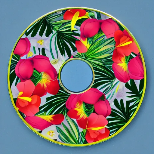 Prompt: a blank cd, reflecting tropical flowers