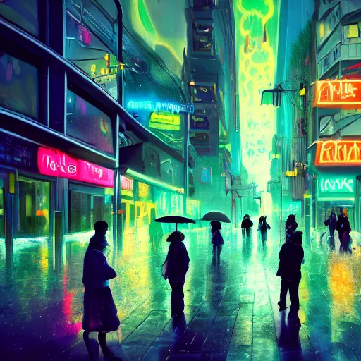 Image similar to Bustling photorealistic!!! rainy (((neon))) street in a utopian city illustrated and reimagined by Max Hay, inverted fisheye lens!!!, eyelevel!!! view!!! photography, trending on artstation, 4k, 8k, lens distortion, chromatic aberration, soft focus blur, photorealistic imagery, photorealistic details, intricate, highly detailed, artstation 3d, artstation render, artstation 3d render, 3d art, unreal engine 3d, octane 3d, blender 3d, 3d landscape