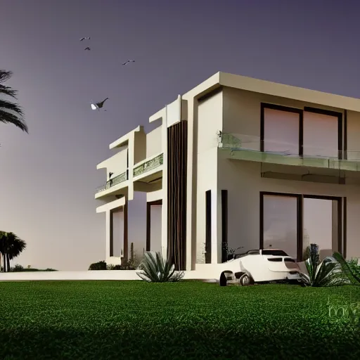 Prompt: a 4 k hd picture of a modern day house in the middle of egypt, digital art