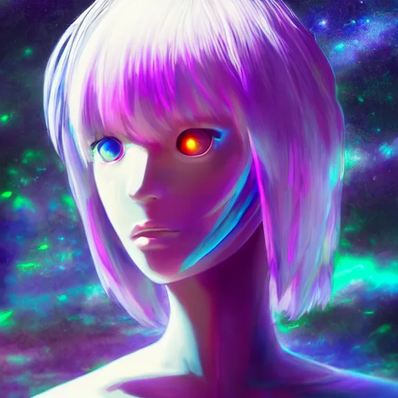 Image similar to rei ayanami, broken android kannon mindar, deep space, seascape, cosmos, psychedelic flowers, black opal, rainbow aura quartz, organic, oni compound artwork, of character, render, artstation, portrait, wizard, beeple, art, fantasy, epcot, psychedelic glitchcore